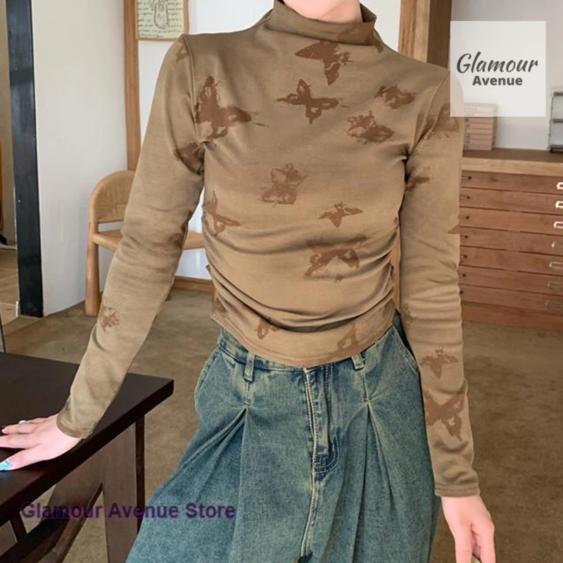 الأمريكية الرجعية التوابل فراشة طباعة شبه عالية الرقبة طويلة الأكمام تي شيرت المرأة الربيع والخريف تصميم مطوي البنطال القصير