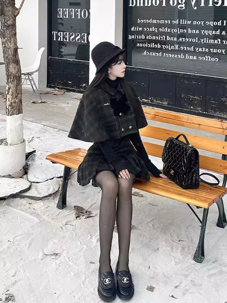 Setelan Rok dan Mantel Wol Korea Briti College untuk Wanita, Model Plaid Baru Musim Dingin, Rok Panjang dengan Kancing Bulat