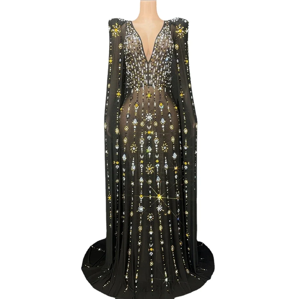 Sparkly Rhinestones Long Dress Cloak Sexy Mesh Transparent Celebrate Evening Prom Gown Dress Birthday Outfit Singer Show Wear