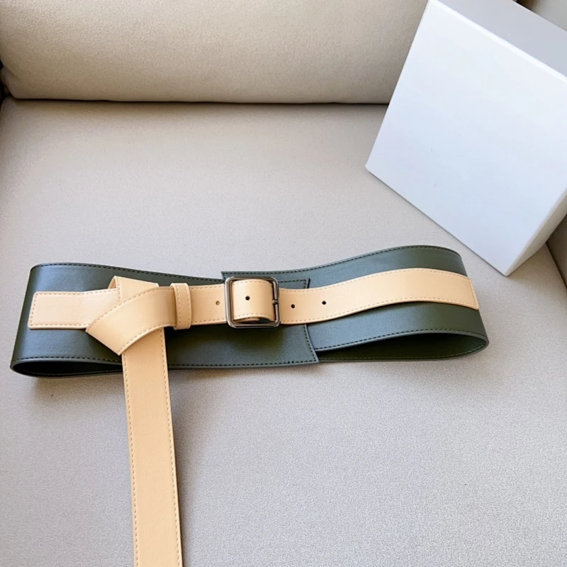 Women Calf Smooth Leather Color Patched Waist Belt Lady Dress Cummerbunds 80mm