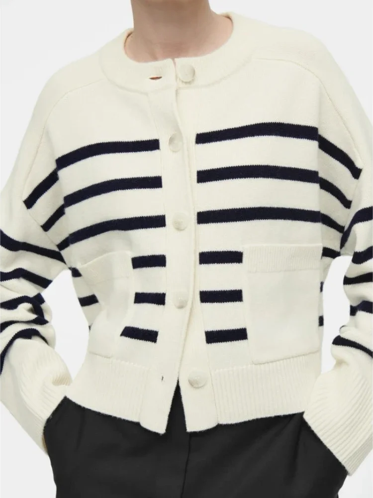

Black Sweater Cardigan 2025 Autumn New Pocket Leisure Loose Stripe Knitted Cardigan Fashion Single Breasted Round Neck Cardigan