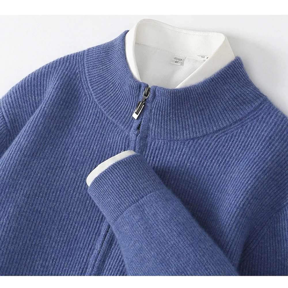 Autumn Winter Men's 100% Wool Knitted Cardigan Sweater High Collar Sweaters Coat