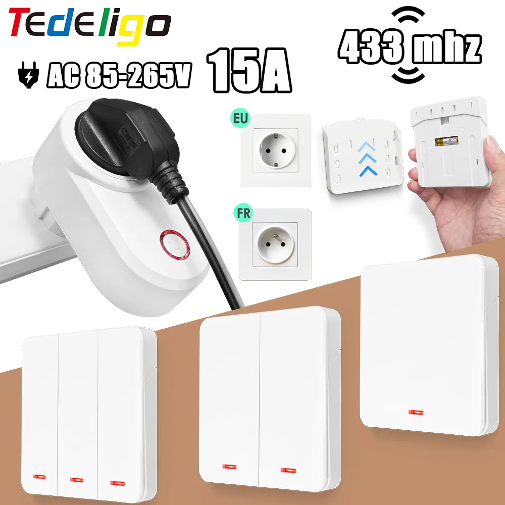 

433 МГц Беспроводная розетка с дистанционным управлением 220 В 3000W15A EU FR Универсальная вилка с дистанционным управлением ВКЛ. ВЫКЛ. Электрические розетки для легкого вентилятора