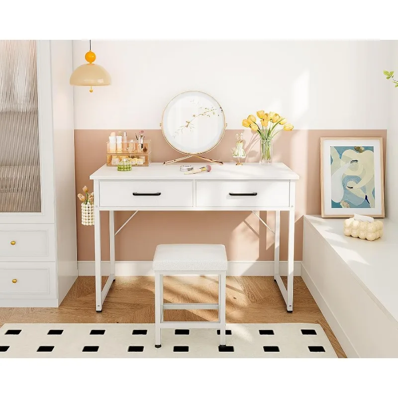 Vanity Desk with 2 Fabric Drawers, 40 Inch Makeup Vanity Without Mirror, Small White Vanity Desk for Bedroom, Makeup