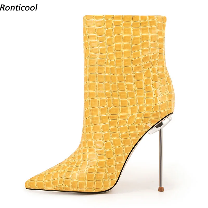 

Ronticool Women Winter Ankle Boots Sexy Stiletto Metal Heels Pointed Toe Pretty Yellow Red Party Shoes Size 35-47