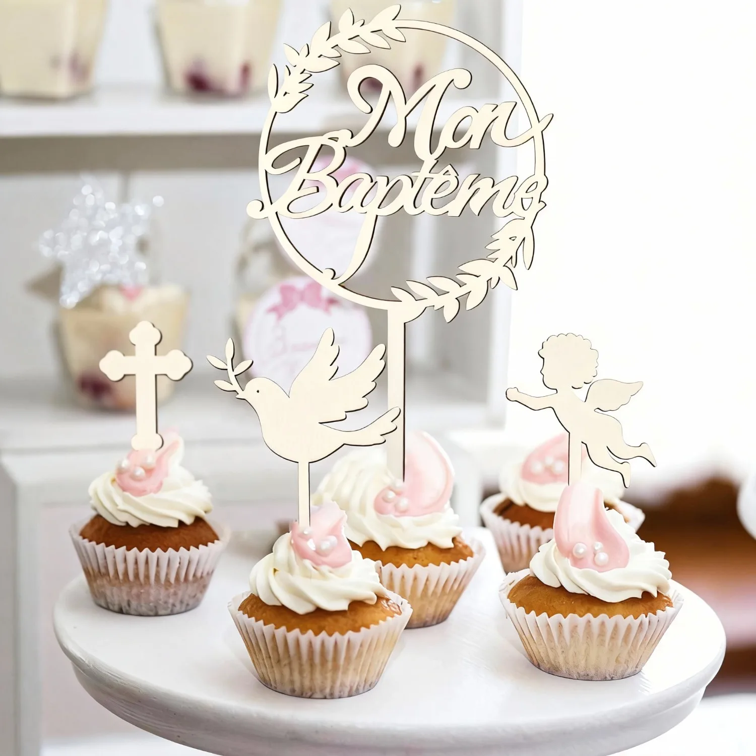 6-teiliges Tauf-Kuchenaufsatz-Set aus Holz – Engelskerze, Taubendekoration für Taufe, Babyparty, erste Geburtstagsfeier – Detail 5