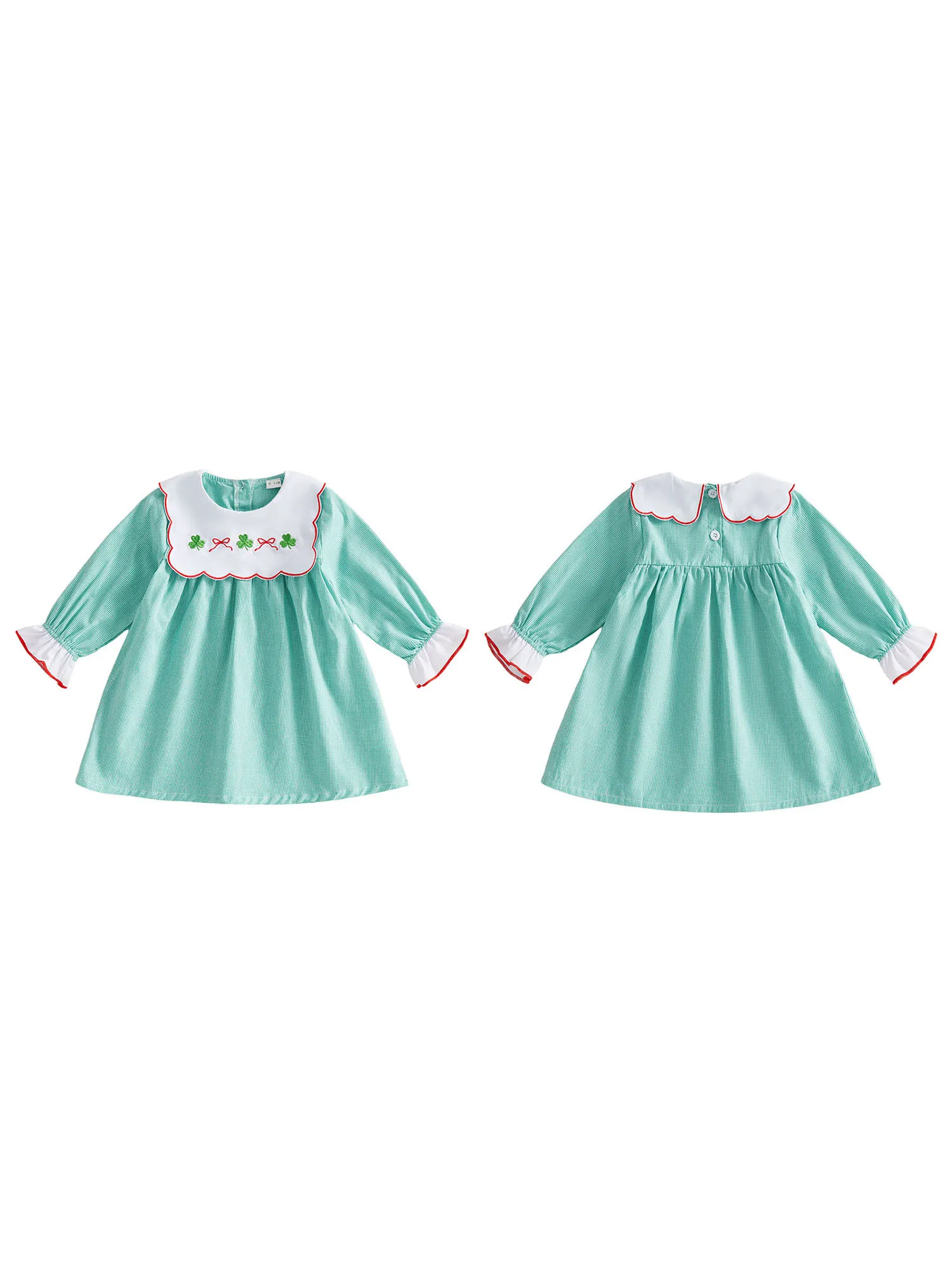 

Очаровательное платье для маленьких девочек на день Святого Патрика с вышивкой трилистника, стильный клетчатый дизайн и длинные рукава-пузырьки