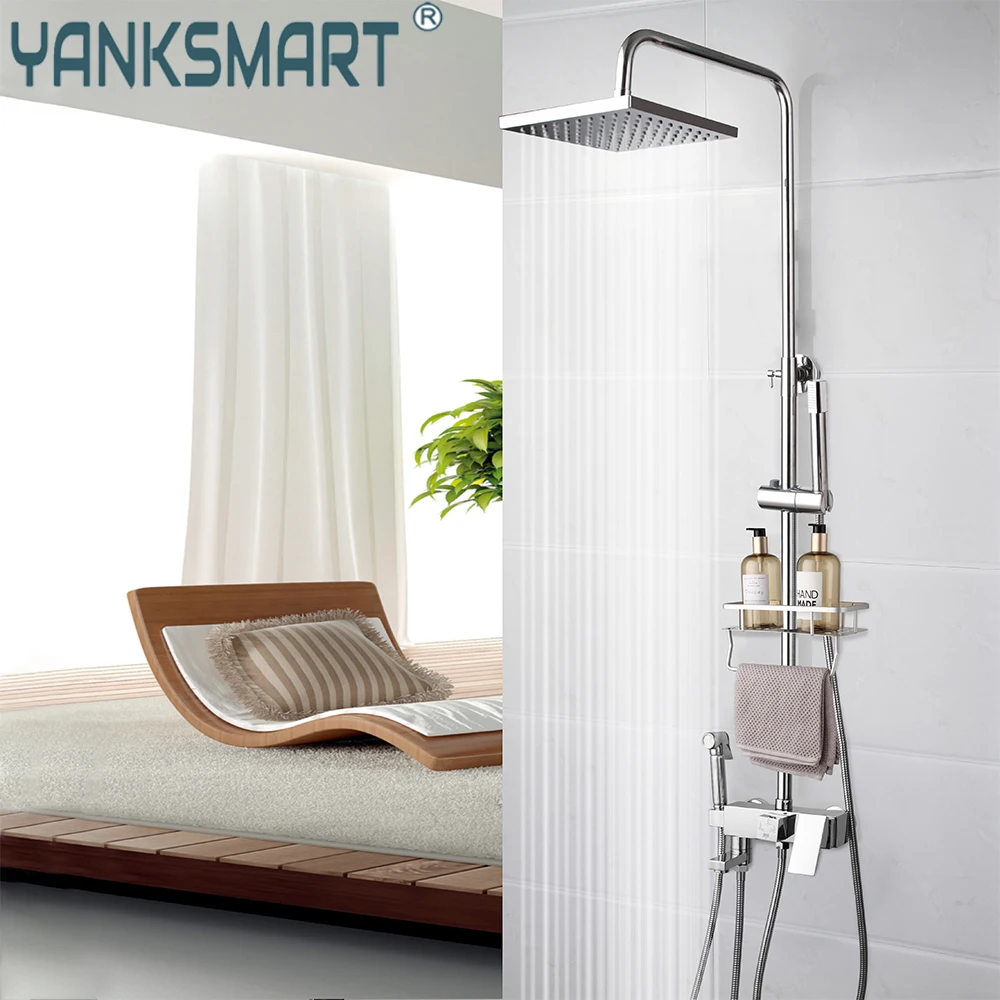 

YANKSMART Bathroom Adjust Height Handheld Shower Faucet Set 8" Chrome Polished Rainfall Wall Mounted Shower Head Mixer Water Tap