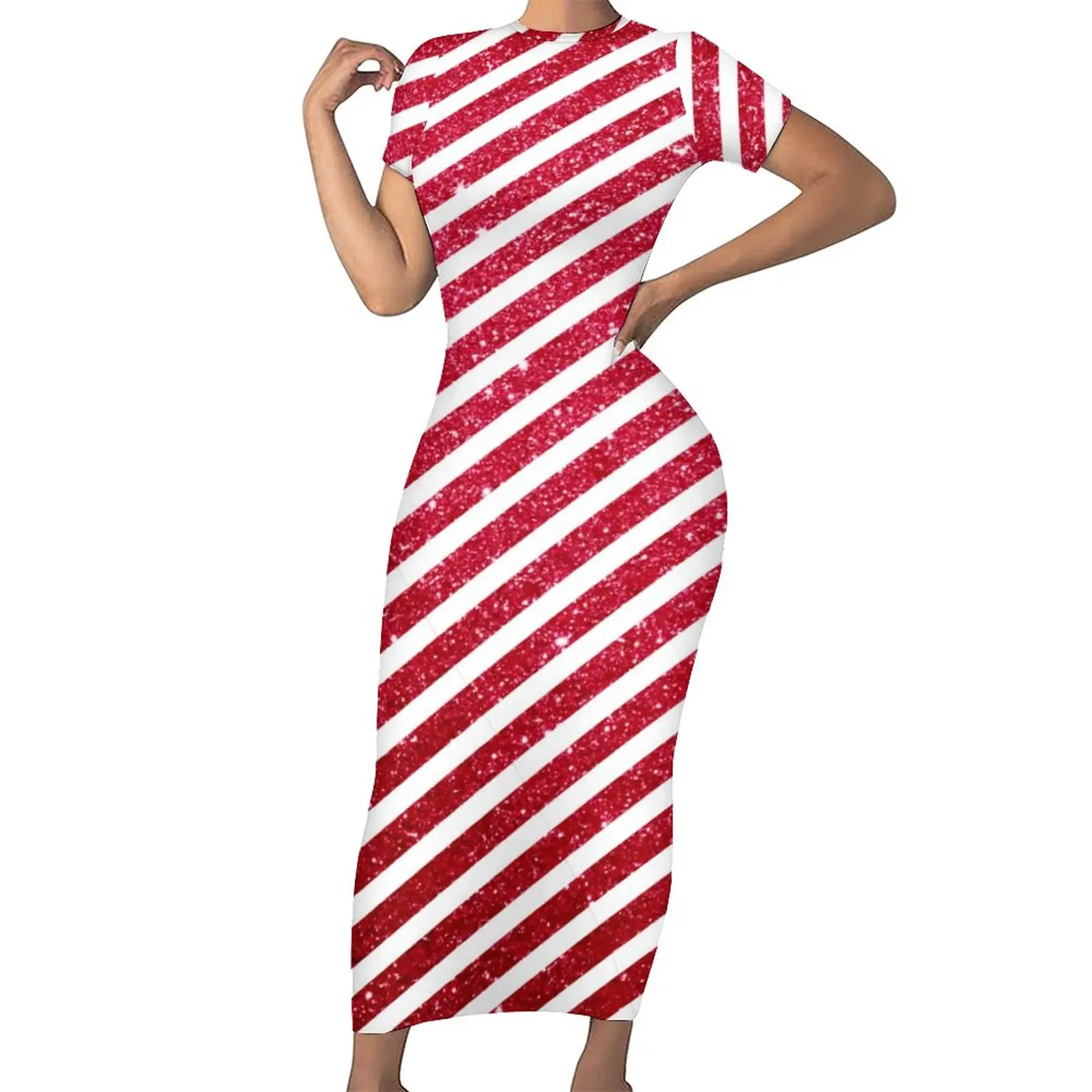 Cute Christmas Dress Short Sleeve Glitter Stripped Print Aesthetic Maxi Dresses Sexy Bodycon Dress Graphic Oversized Vestido