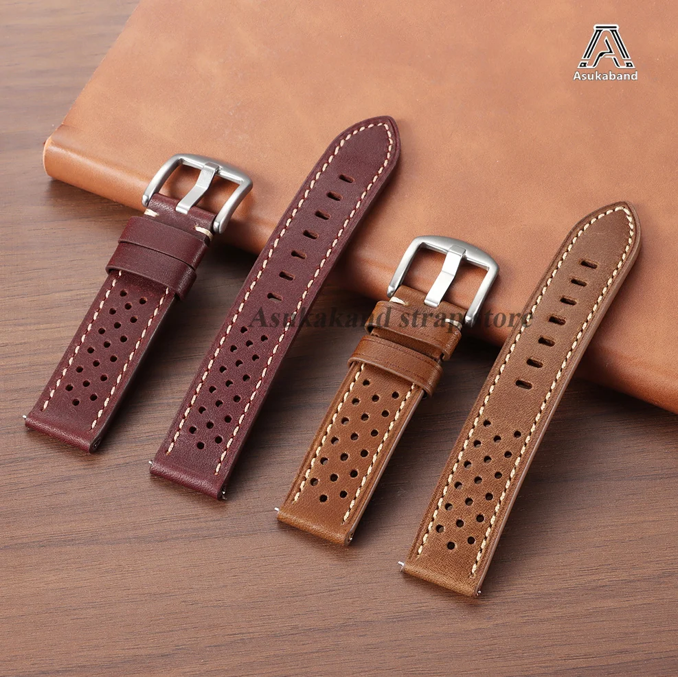 20mm 22mm Breathable Porous Retro Leather Watch Band Cowhide Watch Strap Metal Buckle Women Men Brown Black Bracelet Accessories