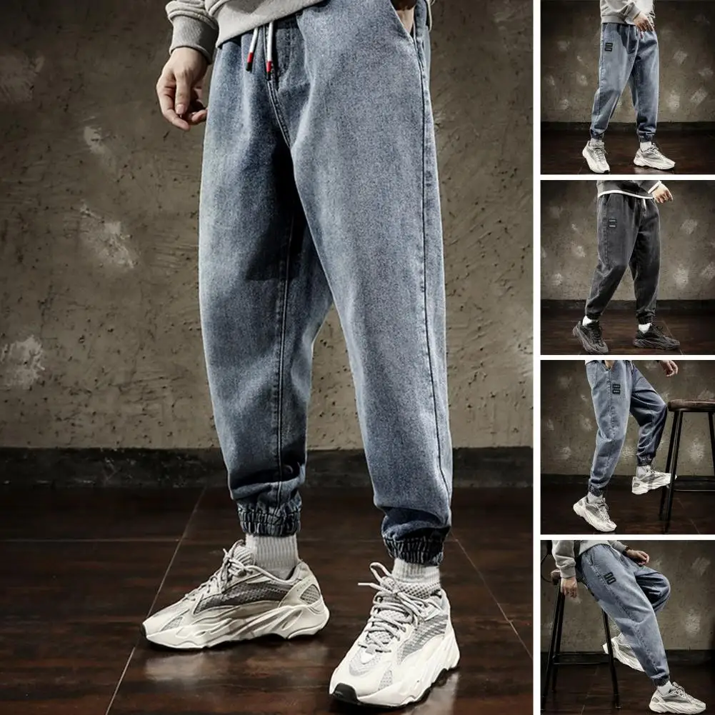 

Chic Men Pants Shrinkable Cuffs Sportswear Anti-pilling Trendy Hip Hop Style Men Sports Denim Trousers