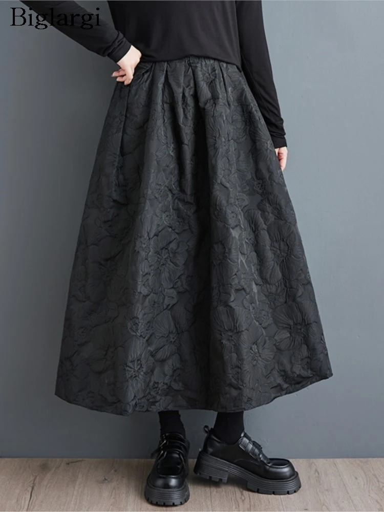 

Эластичная осенняя длинная юбка с высокой талией, женские модные женские черные юбки с цветочным принтом, свободные повседневные женские юбки