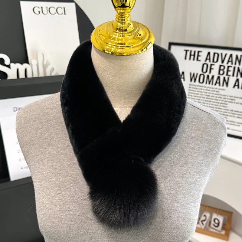Real Rex Rabbit Fur Scarf Plush Warm Double-sided Thickened Fur Scarf With Fox Fur Ball Keep Warm In Winter Real Fur Collar