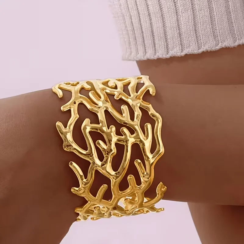 Brazaletes Abiertos Gruesos de Acero Inoxidable Color Dorado con Forma de Coral Irregular para Mujer, Pulseras Rígidas para Fiesta, Decoración Femenina