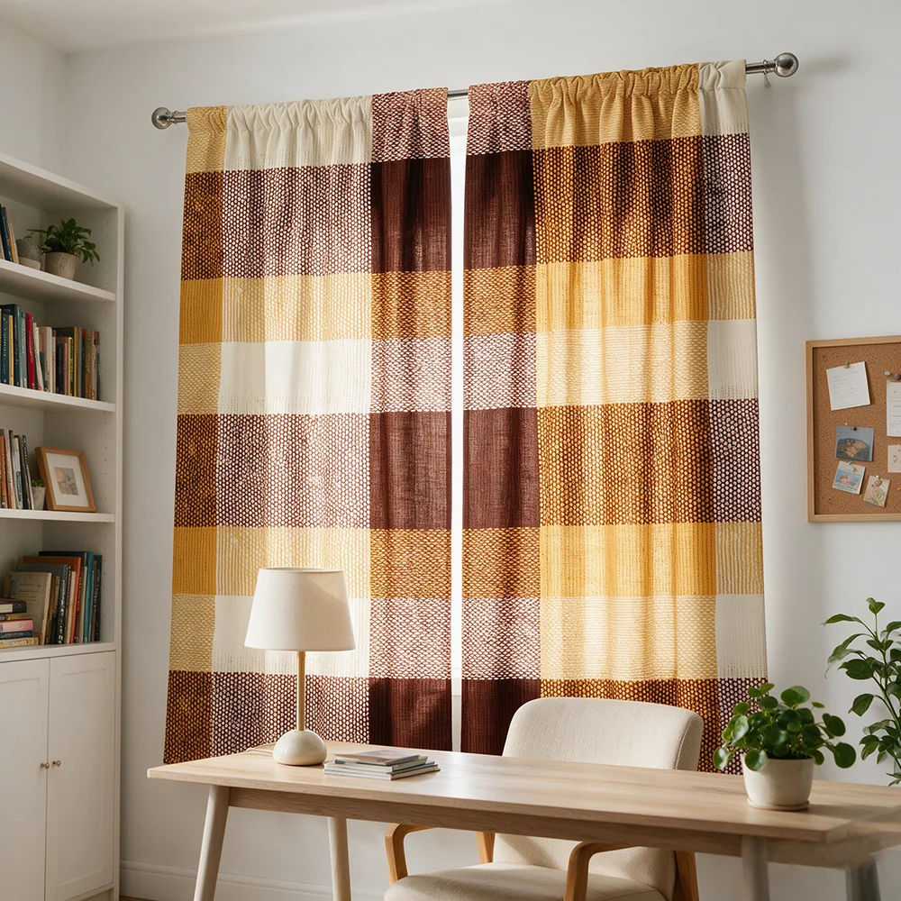 2PCS Digital Printed Curtains, Brown Yellow Plaid Check Gingham Pattern, Farmhouse Rustic Style for Bedroom Living Room Decor