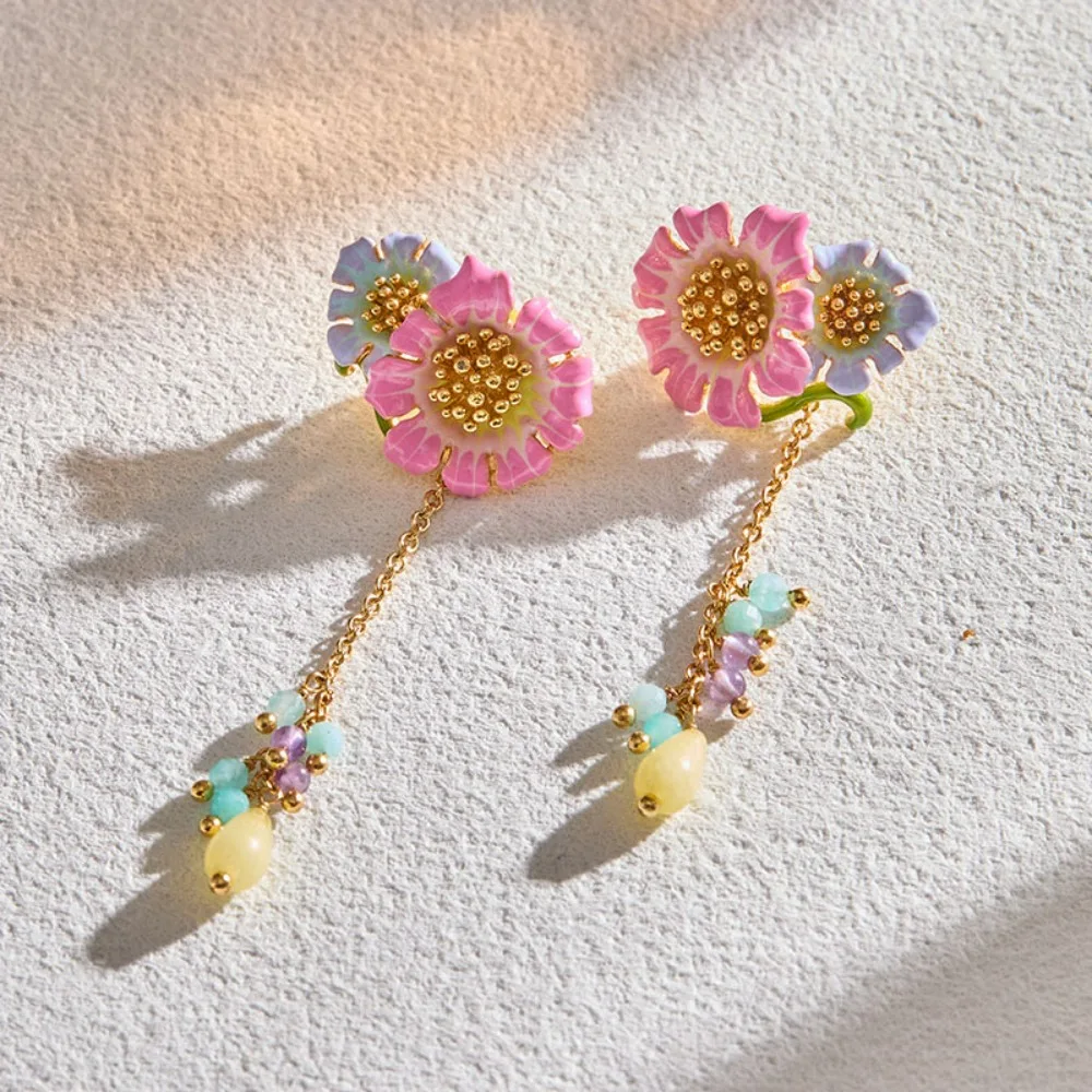 Winter Versatile Exquisite Pink Flower Temperament Violet Daisy Earrings A Two-Wear Fashion Light Luxury Stone Tassel Earrings