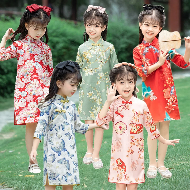 Summer Qipao For Girls 1-10 Years Kids Floral Mini Dress Teenager Chinese Style Cheongsam Traditional Ethnic Costumes