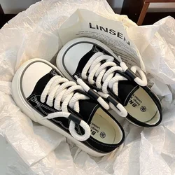 Cute High on Platform Women Footwear Canvas Lace Up Round Toe Ladies Shoes Kawaii Black New Arrival 2025 Shoe in Summer Quality