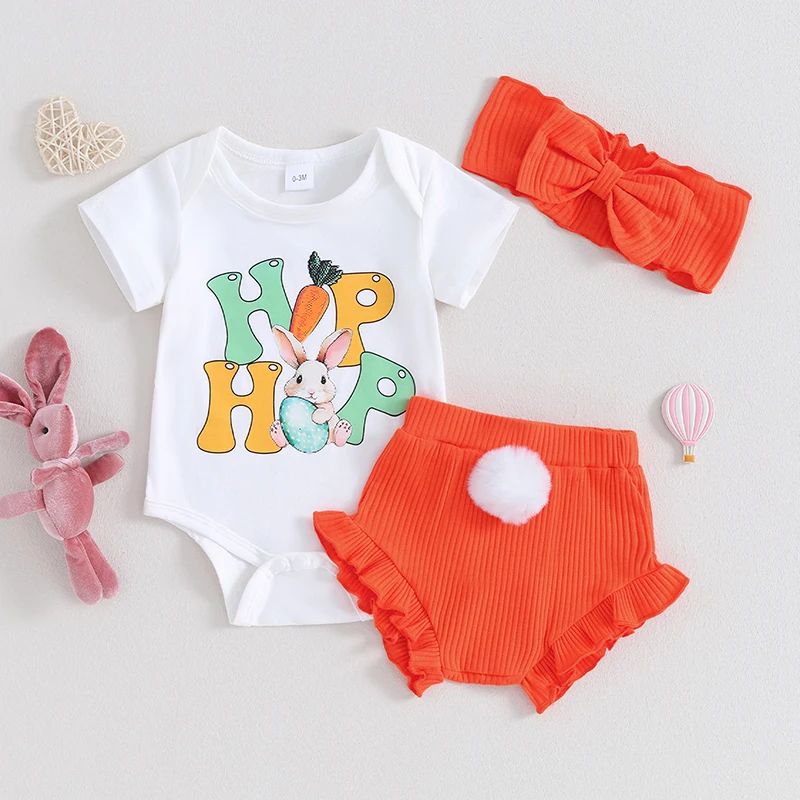 

2023-12-06 Lioraitiin 0-18M Infant Baby Girls Easter Outfits Summer Short Sleeve Romper Shorts Headband 3Pcs Set Newborn Clothes