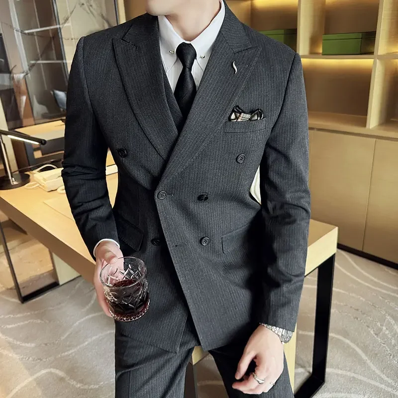 2024 Hip Lapel Neckline Bead Edge High Class Stripe (suit + Vest + Trousers) Bridegroom Wedding Dress Suit Three-piece Suit