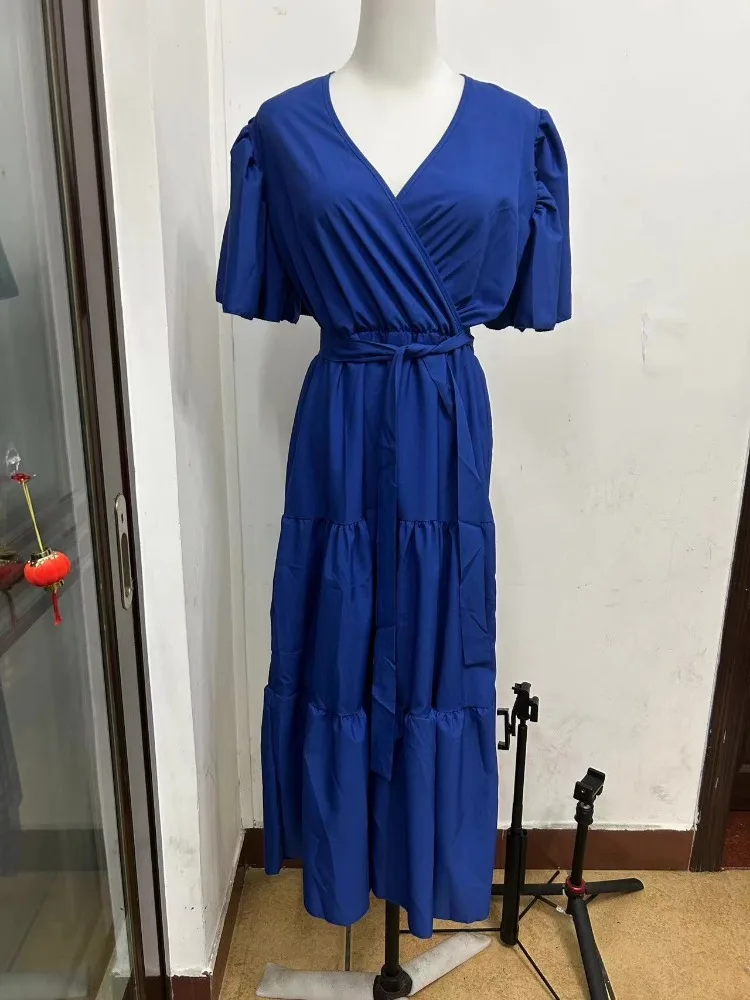 Abiti da festa eleganti con scollo a V con lacci Boho da donna Primavera Estate Nuovo abito longuette francese pieghettato solido maniche corte con orlo grande