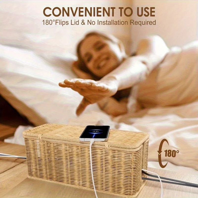 Hand-Woven Rattan Cable Organizer Box - Durable Imitation Vine Material, Multi-Compartment Storage for Power Cords, Data Cables view 5