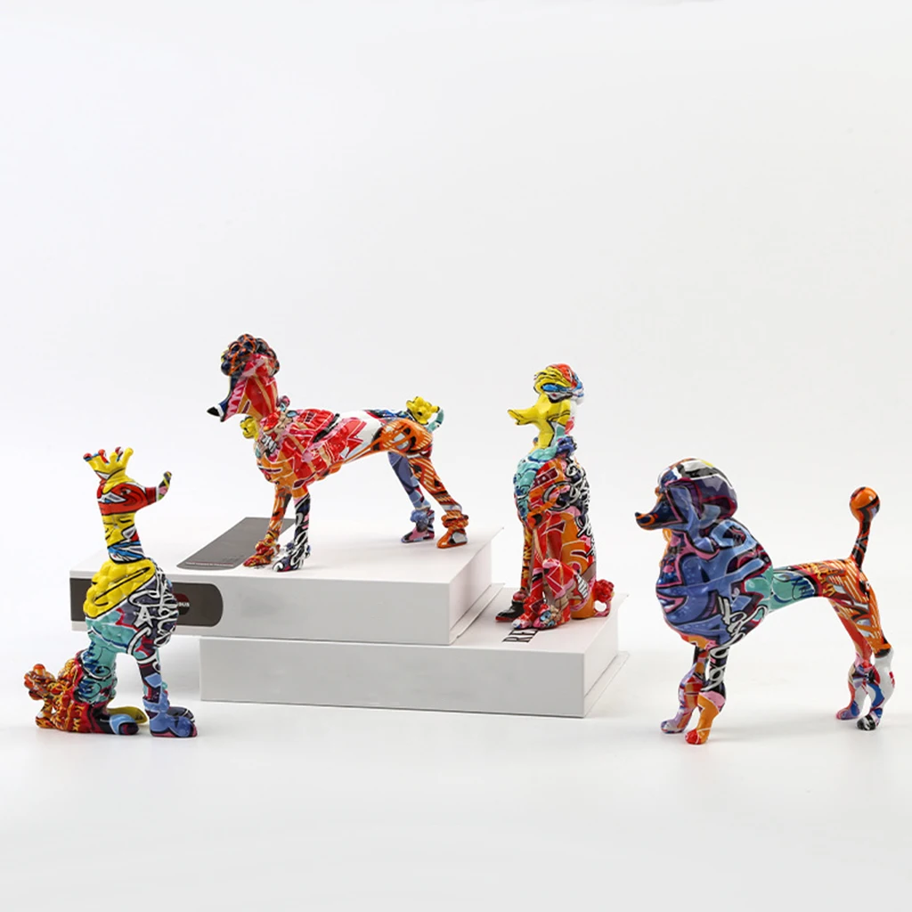 Graffiti Poodle Statue Dog Sculpture Figurine Colorful Pet Ornament Animal Art Figurines Interior Home Room  Desktop Decor