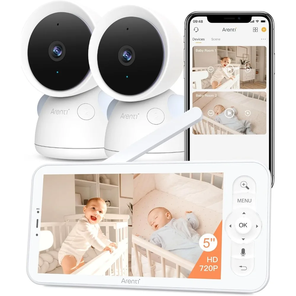 Baby Monitor with 2 Cameras, 2K/3MP WiFi 6 Camera and Audio, 5-inch Wireless Screen, Smartphone App, Super Night Vision, Crying