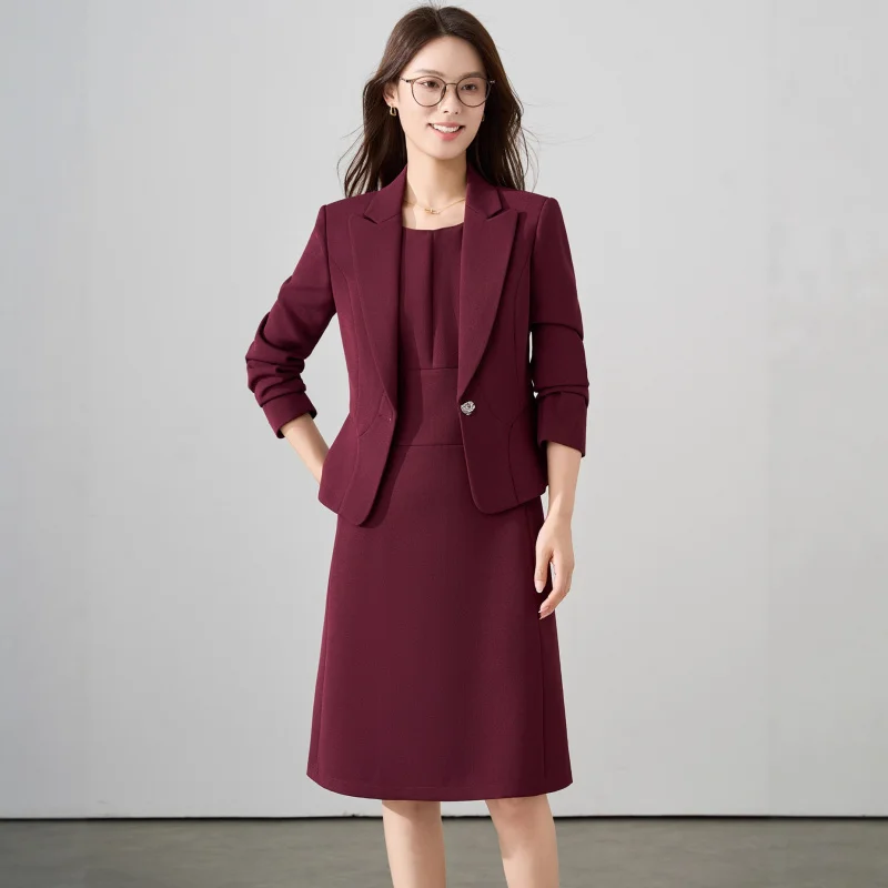 

2025New Short Burgundy Blazer for Petite Women, High-End Autumn Winter Women's Suit Dress Set