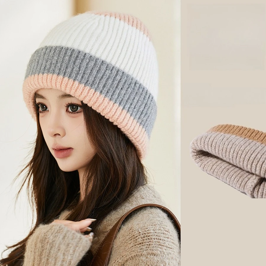 2026 Winter New Color Matching Thickened Wool Hat Korean Knitted Hat Men's and Women's Fashion Versatile Sleeves Stacking Hat