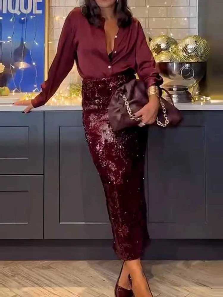 

Elegant Long Sleeved 2 Piece Set Lapel Button up Sequin Shirt And Skirt Outfit for Ladies Spring Summer Party Women Clothing