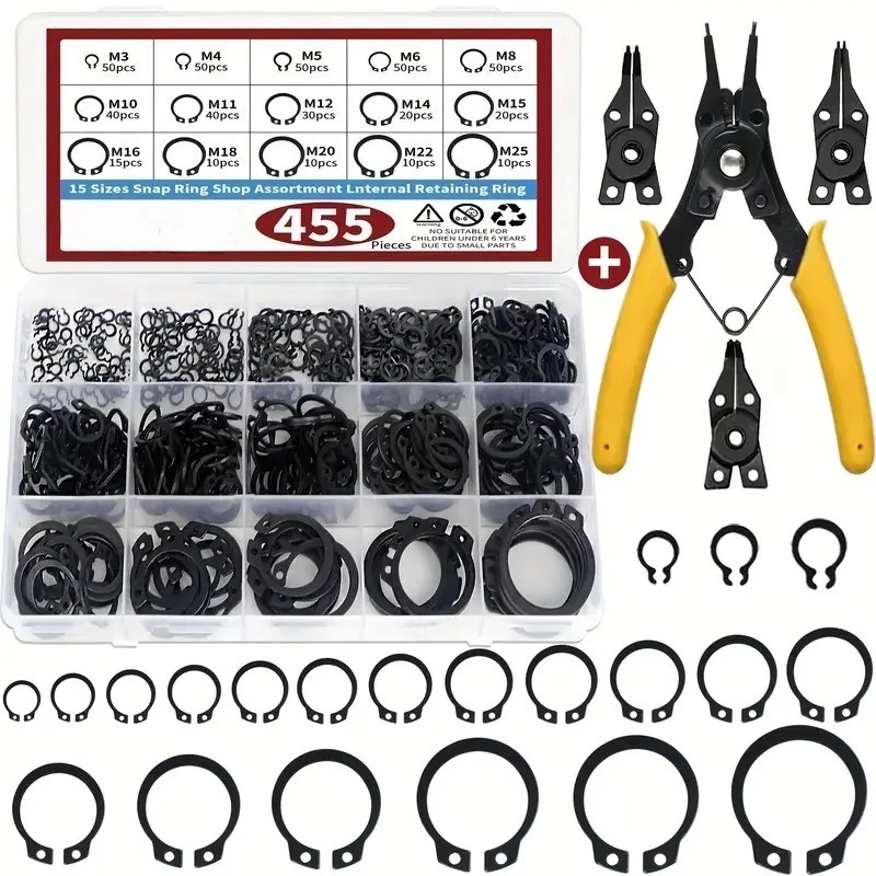 455pcs M3 M4 M5 M6 M8 M10 M11 M12 M14 M15 M16 M18 M20 M22 M25 Snap Ring Assortment lnternal Retaining Ring with Withpincers