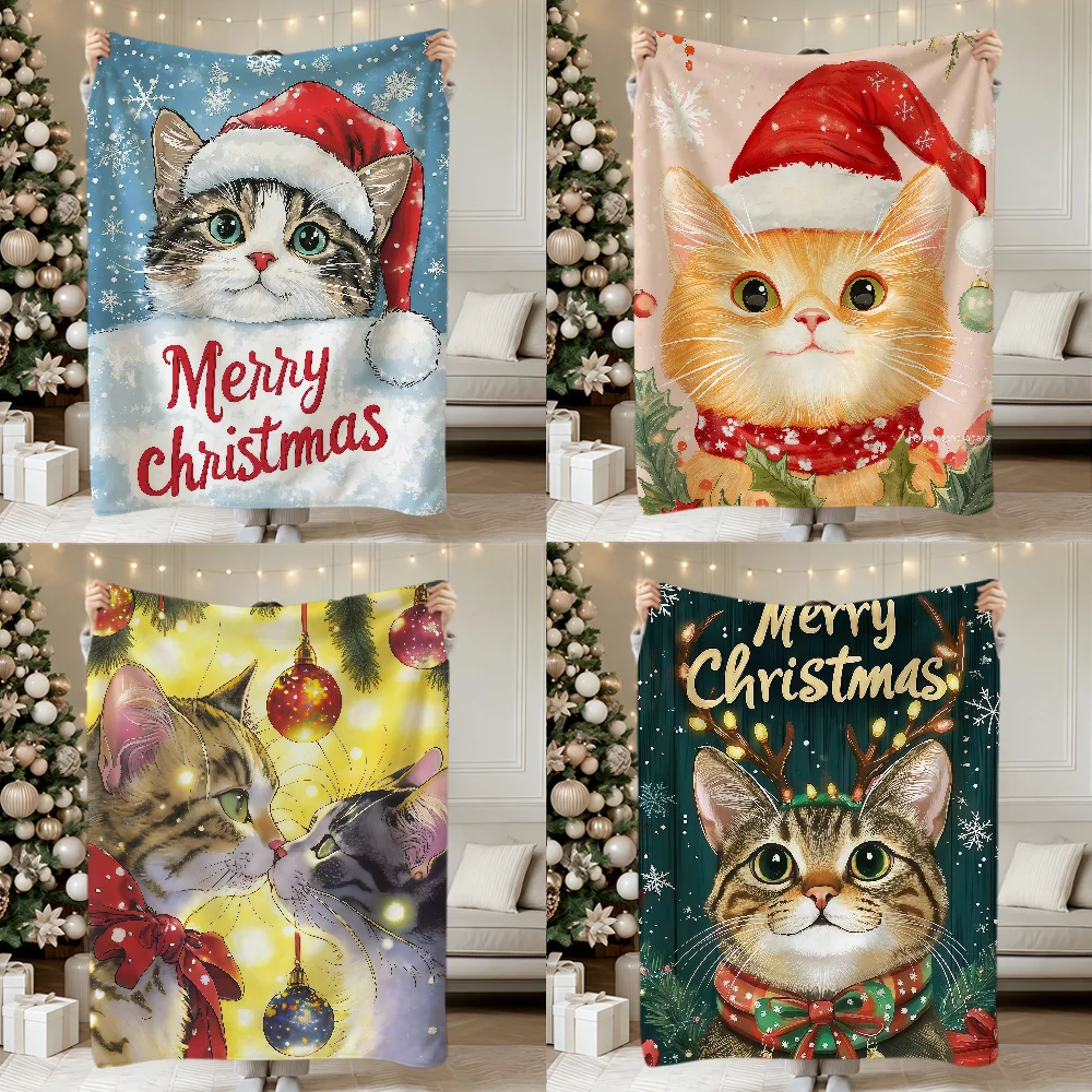 Merry Christmas Kitten Kawaoo Funny Art Cat Soft Warm Plush Blanket Dorm Sofa Living Room Hogar Bedroom Gift Nap Home Flannel