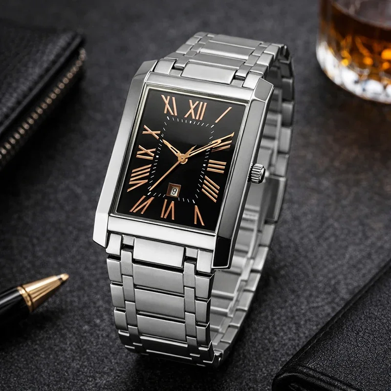 Couple Watch Simple Fashion Trend Men and Women Waterproof Steel Square Display Calendar with Gift Box Elegant Design for Gife