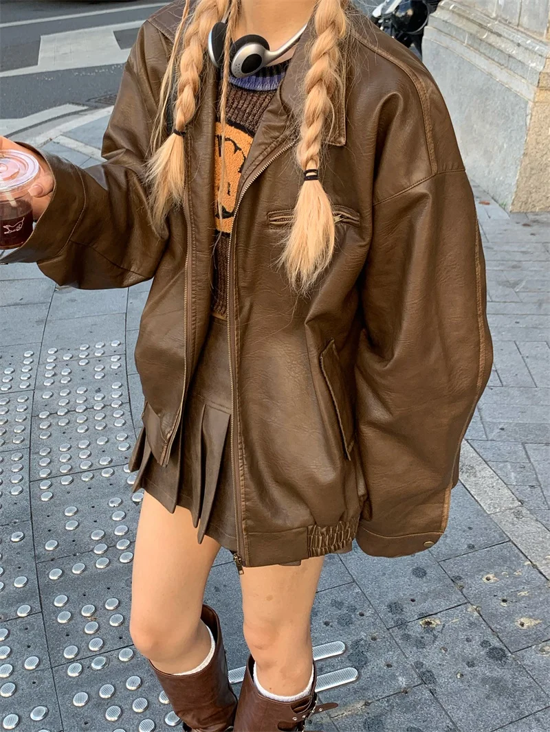 レディース バイカー スレ コーヒー レザー ジャケット 秋冬 ファッション デザイン レトロ アメリカン ジャケット コート ロング スリーブ ジッパー クロージャー