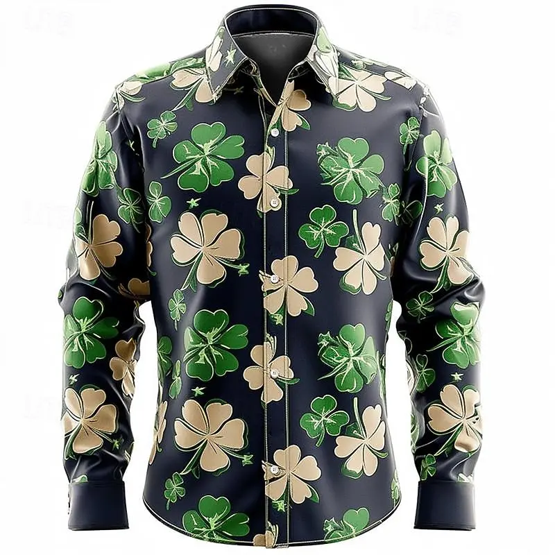 

Мужская модная повседневная рубашка с 3D принтом Four Leaf Clover, праздничные рубашки с длинными рукавами и отложным воротником на весну и лето