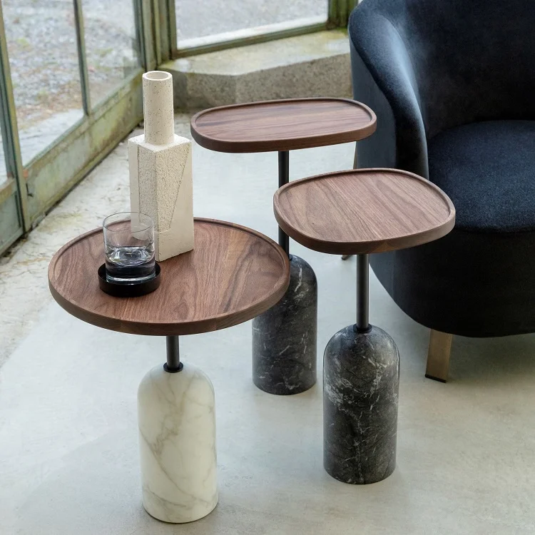 Modern Hotel Restaurant Bedroom Luxury Side Table Wood Top Marble Base Walnut Corner Table Furniture