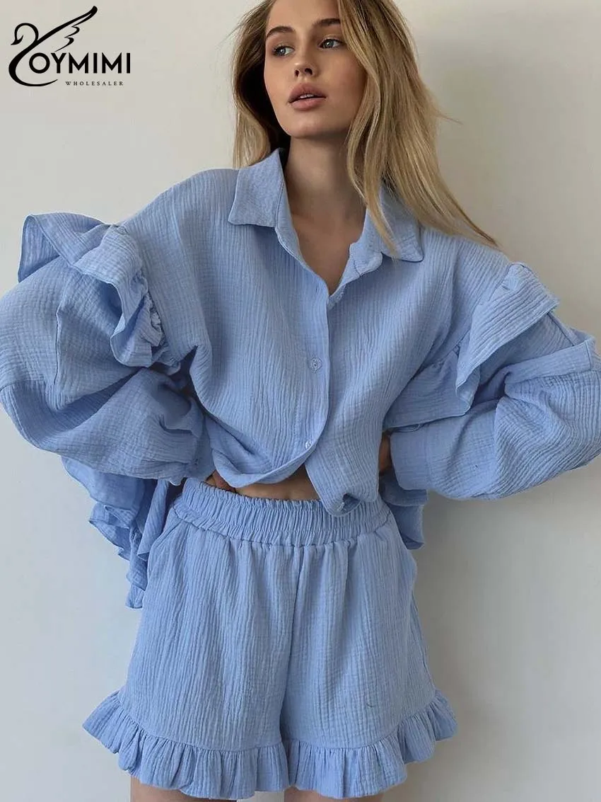 Oymimi Casual Blue Cotton Sets For Women 2 Pieces Elegant Lapel Long Sleeve Ruffled Shirts And High Waisted Solid Shorts Sets