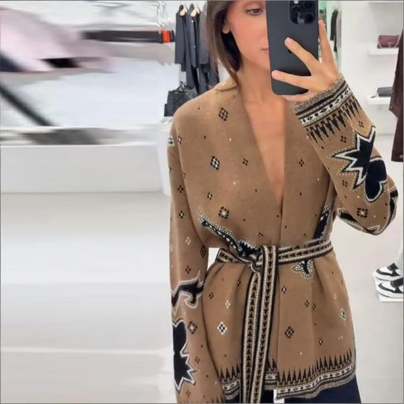 Vintage Gestrickte Gedruckt Patchwork Strickjacke Frauen Chic Lace Up Gürtel Volle Hülse V-ausschnitt Pullover Dame Herbst Pendeln Täglichen Outfits