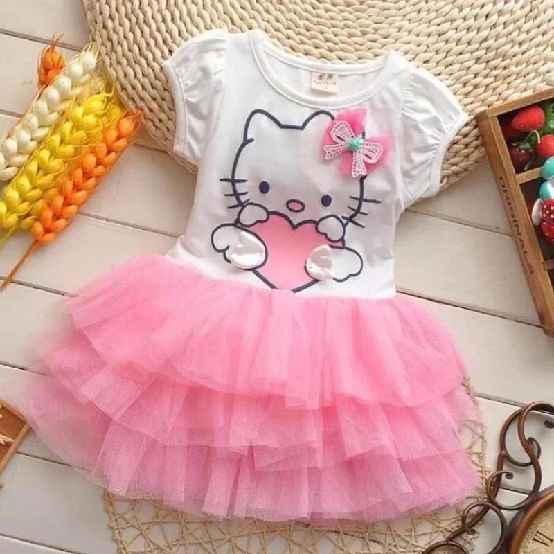 Sanrio Hello Kitty Girls Dress Summer Cute Cartoon Sweet Short-sleeved Mesh Cake Dress Princess Dress Tutu Skirt Girl Gift