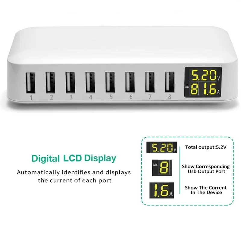 Multi 8 Port USB Fast Charger Desktop Phone Carregador LCD Display Charing station Dock HUB For Iphone 14 Samsung Xiaomi Tablet