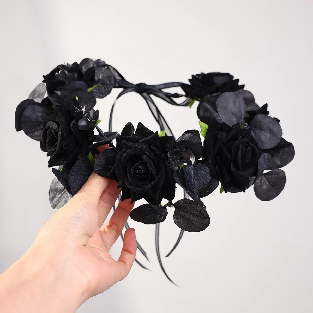 Handamde Baroque Black Rose Flowers Headbands For Women Bride Halloween Hairbands With Ribbon Party Hair Accessories image 3