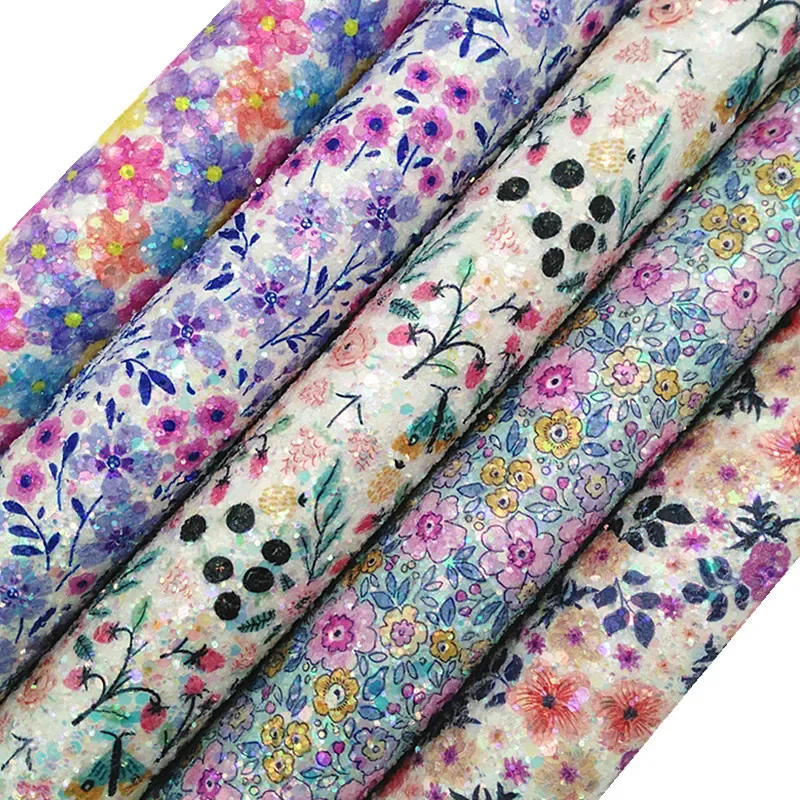 Mini Roll 30X134CM Spring Flowers Printed Chunky Glitter Leather Sheets Felt Backing Glitter Vinyl For Bows DIY Craft MB1026