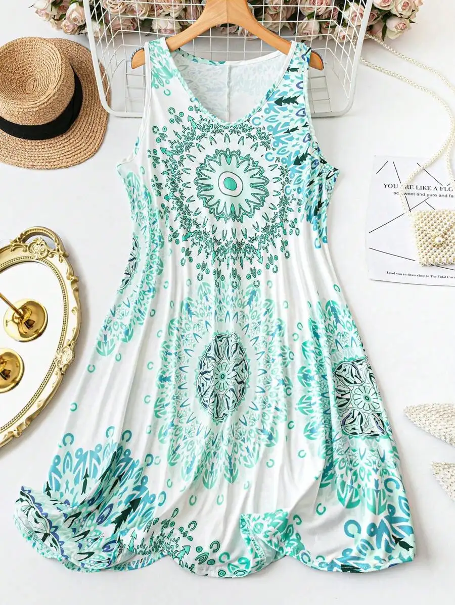 

Plus Size Sleeveless V-Neck Casual Summer Dress With Mandala Print