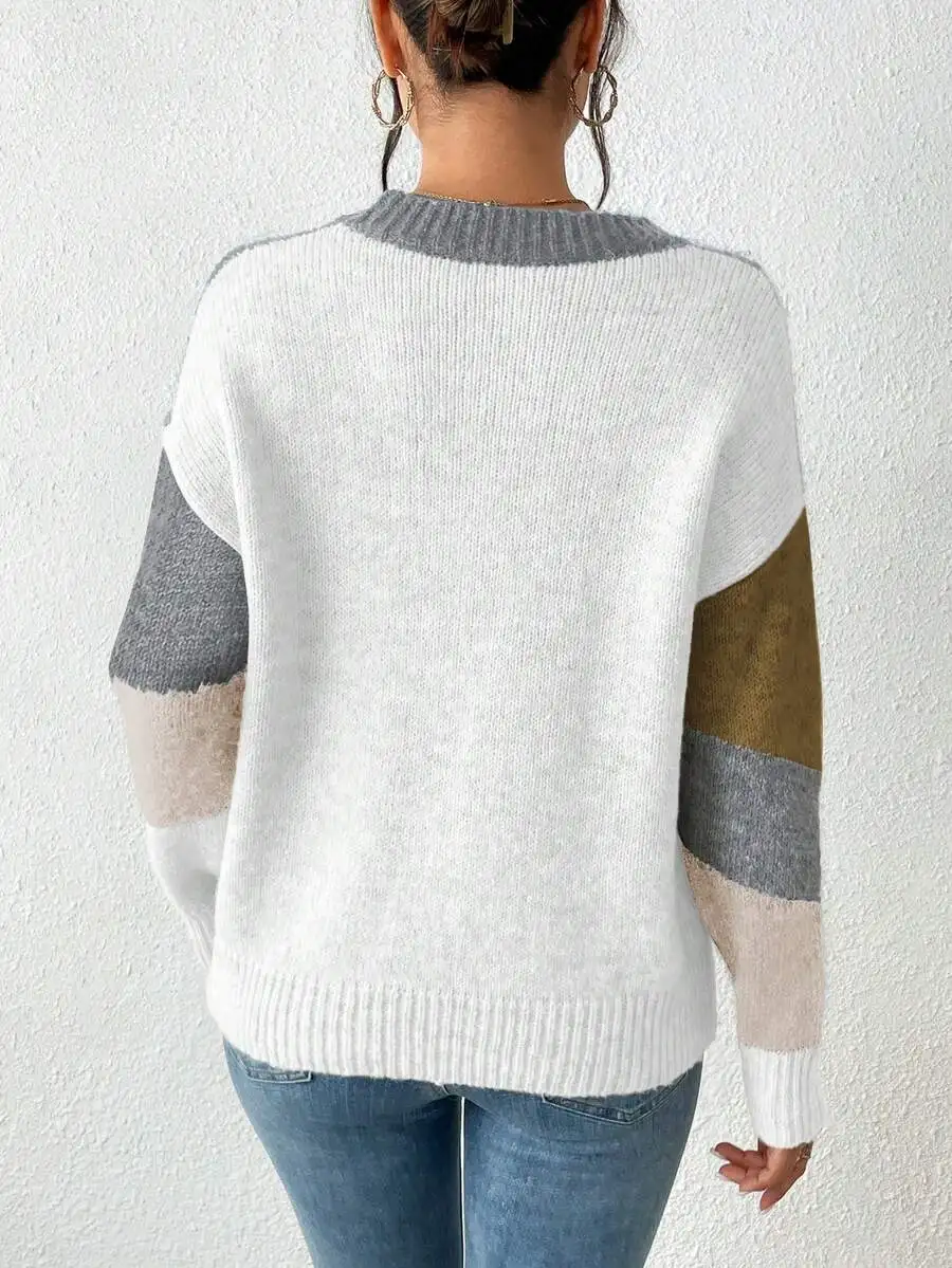 

Womens Crew Neck Long Sleeve Patchwork Minimalist Sweater Casual Everyday Wear