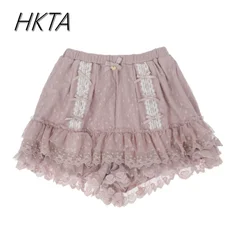 Pantalones cortos de estilo japonés para mujer, mallas con lazo de encaje, corazón pequeño, cintura elástica, Lolita