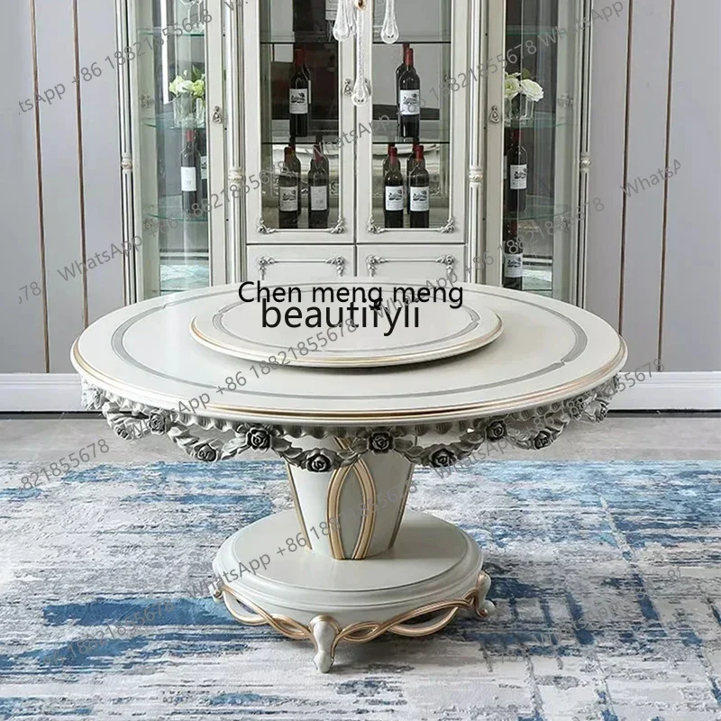

178French dining table, American European restaurant furniture hand-carved to solid wood round turntable dining table2936