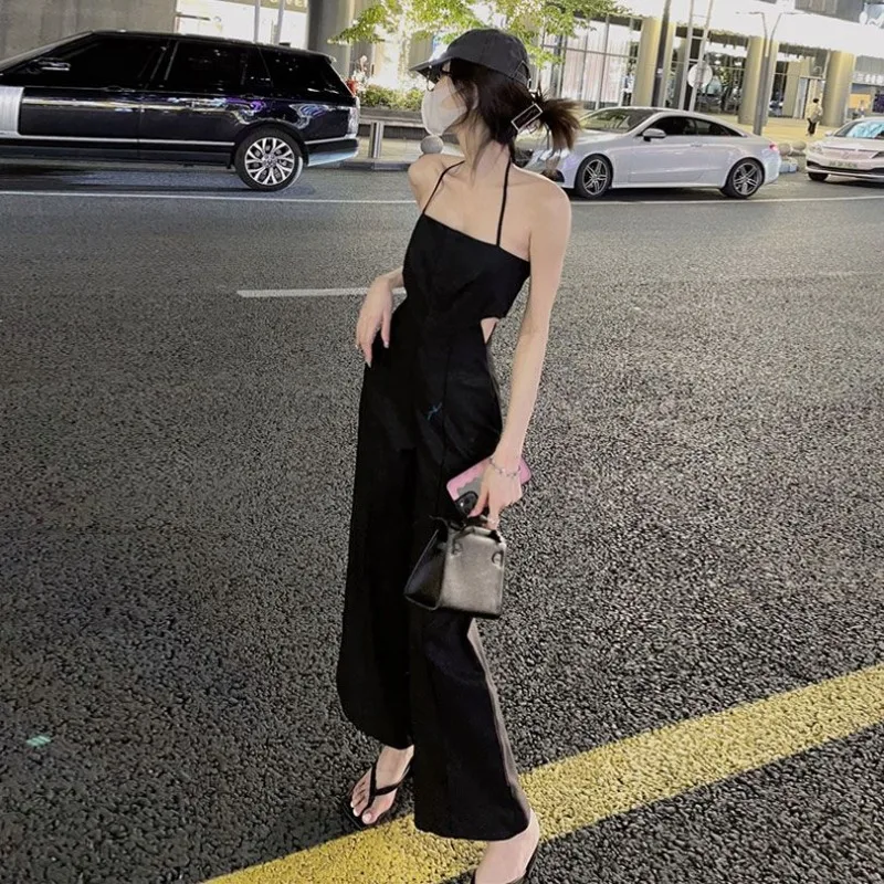 2024 Summer Fashion New Sling Neck Hanging Jumpsuit One Shoulder Off Back Sexy Design Feel Wide Leg Jumpsuits Female Clothing