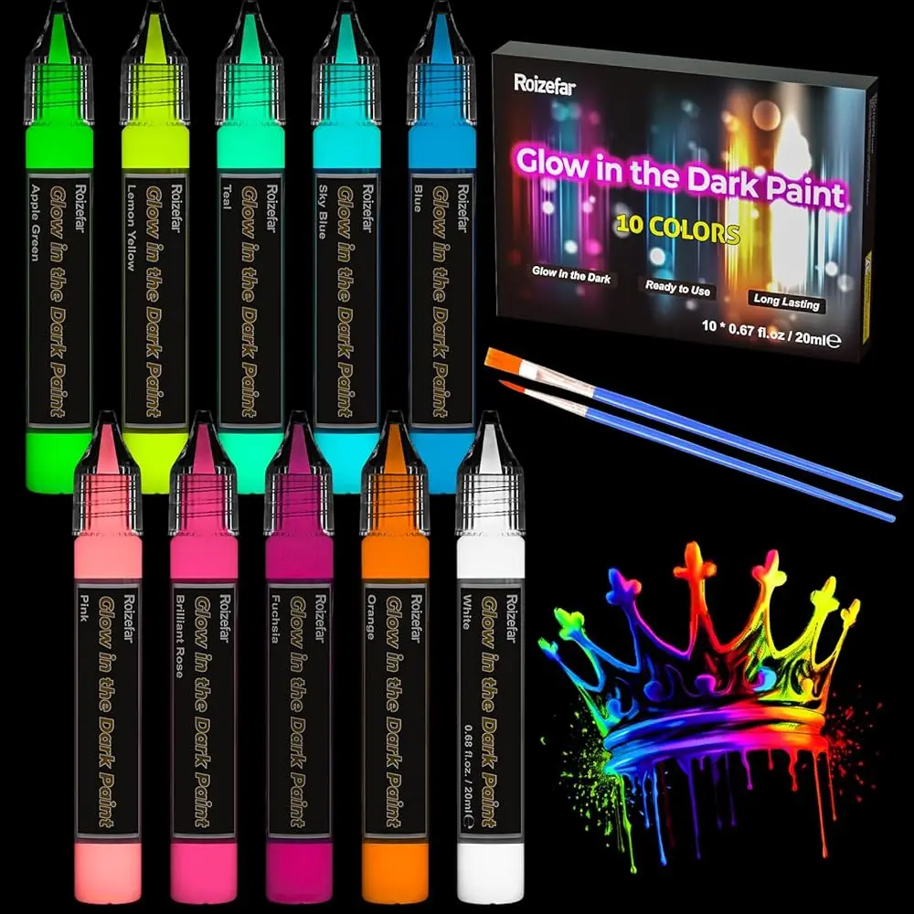 

Glow in the Dark Paint, 10 Colors (20 ml /0.68 oz) 3D Permanent Acrylic Fabric Paints for Clothes, Neon Fabric Paint for Art