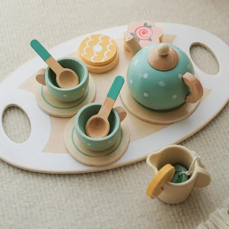 Kid Kitchen Play Set Children Pretend Wooden Tea Party Dishes Playset Play House Kitchen Toys With Teapot Teacups Spoons Girls